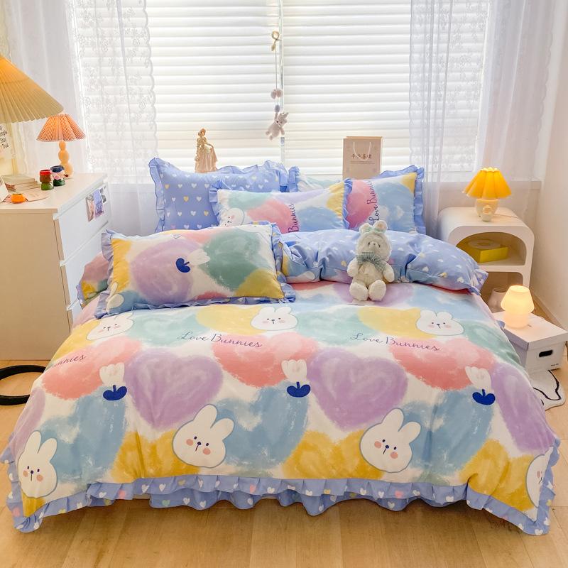 Korean Style Bed Skirt Four-piece Set Pure Cotton Edge Bed Sheet Thickened Plant Cashmere Brushed Skin-friendly Bedding