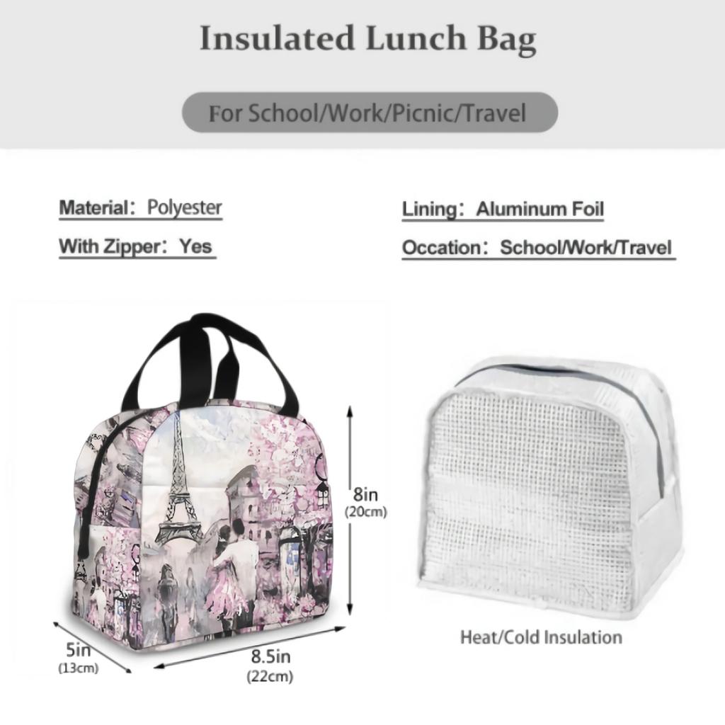 Eiffel Tower Couple Pink Floral Lunch Bag Adult Tote Bag Reusable Lunch Box Container For Women Men School Office Work