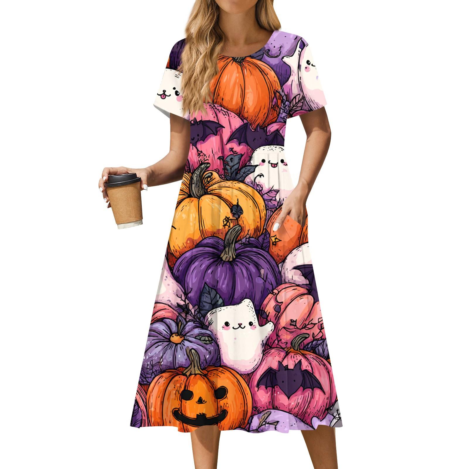 

Women s Casual Fashion Halloween Printed Short Sleeve Round Neck Dress XL фиолетовый