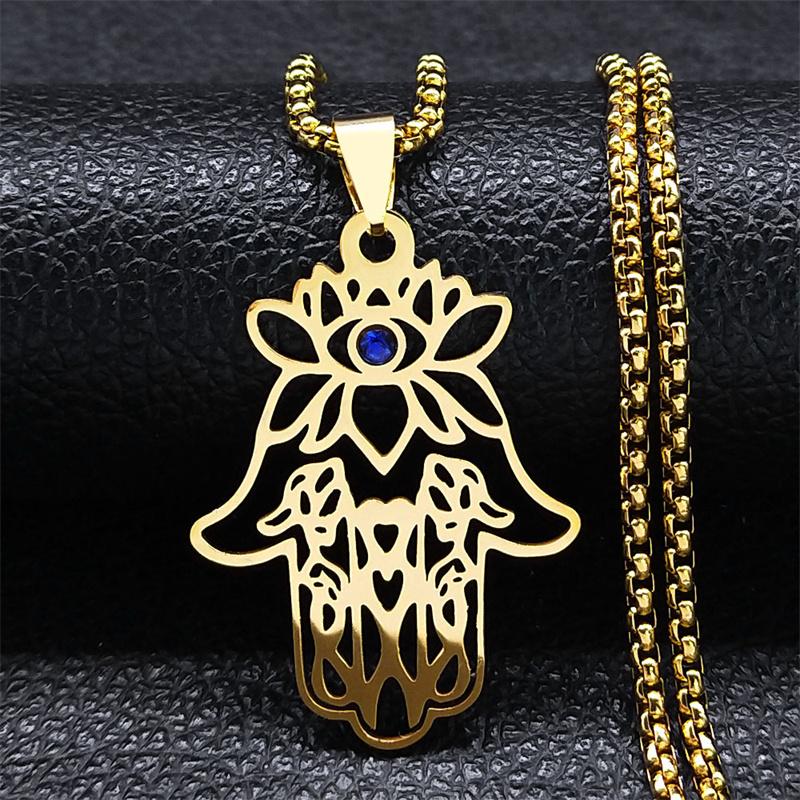 Lotuse Hand Of Fatima Pendant Necklace for Women Men Stainless Steel Lucky Egyptian Hamsa Greek Eye Chain Necklaces Jewelry