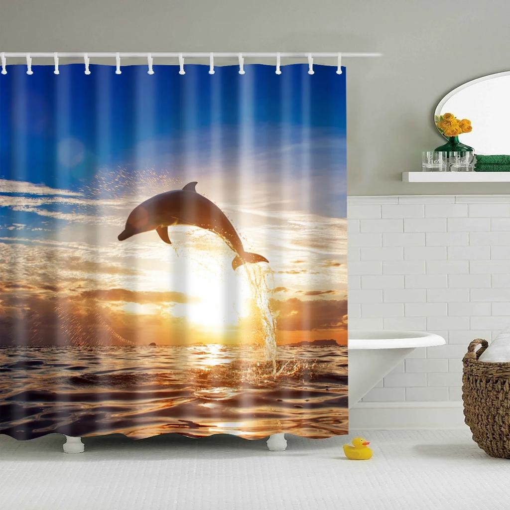 Blue Sky Beach Shower Curtain Modern Scenery Print Bathroom 3D Blackout Curtain Large 180x200cm for Bathroom