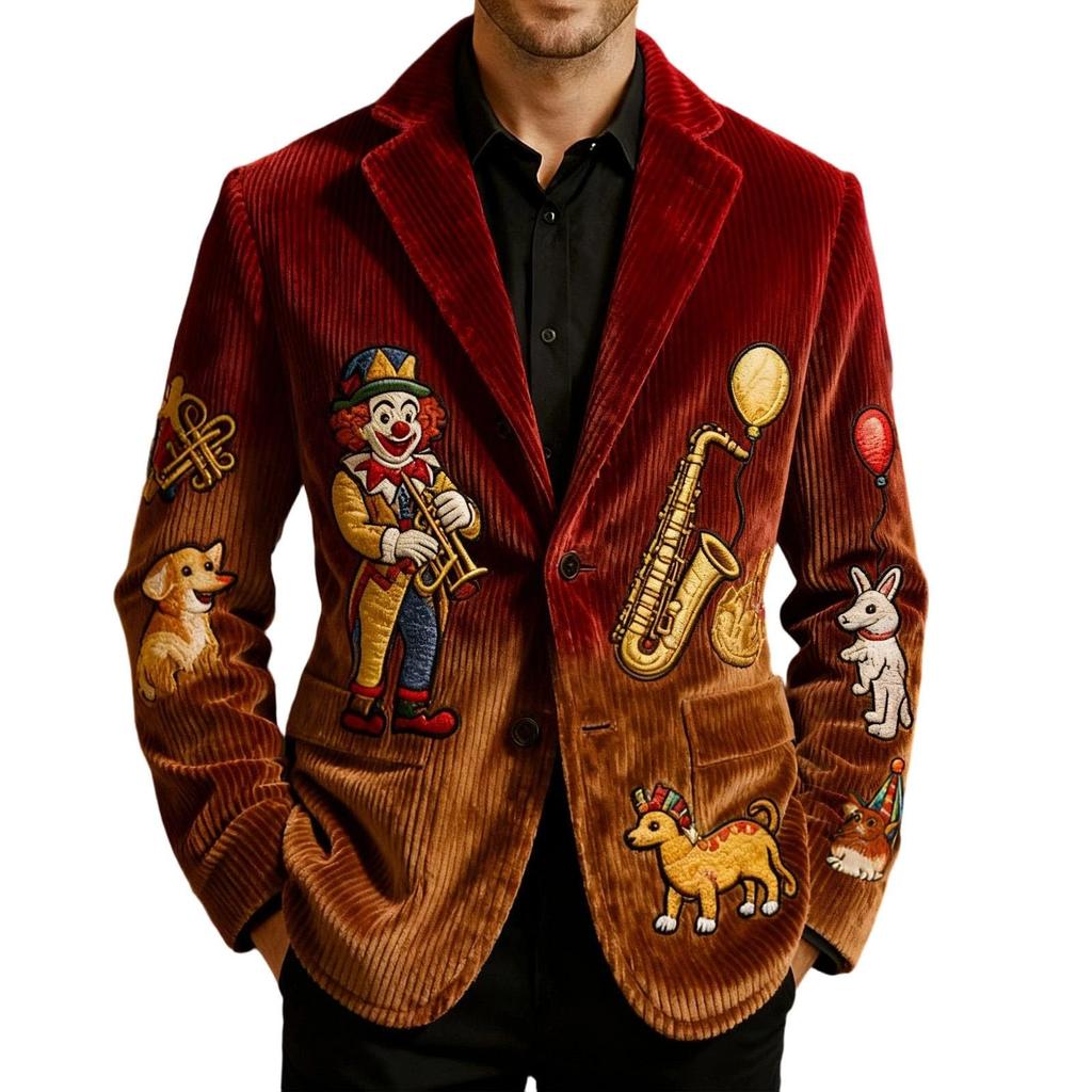 Men's Casual Trend Digital Print Corduroy Cardigan Suit Jacket