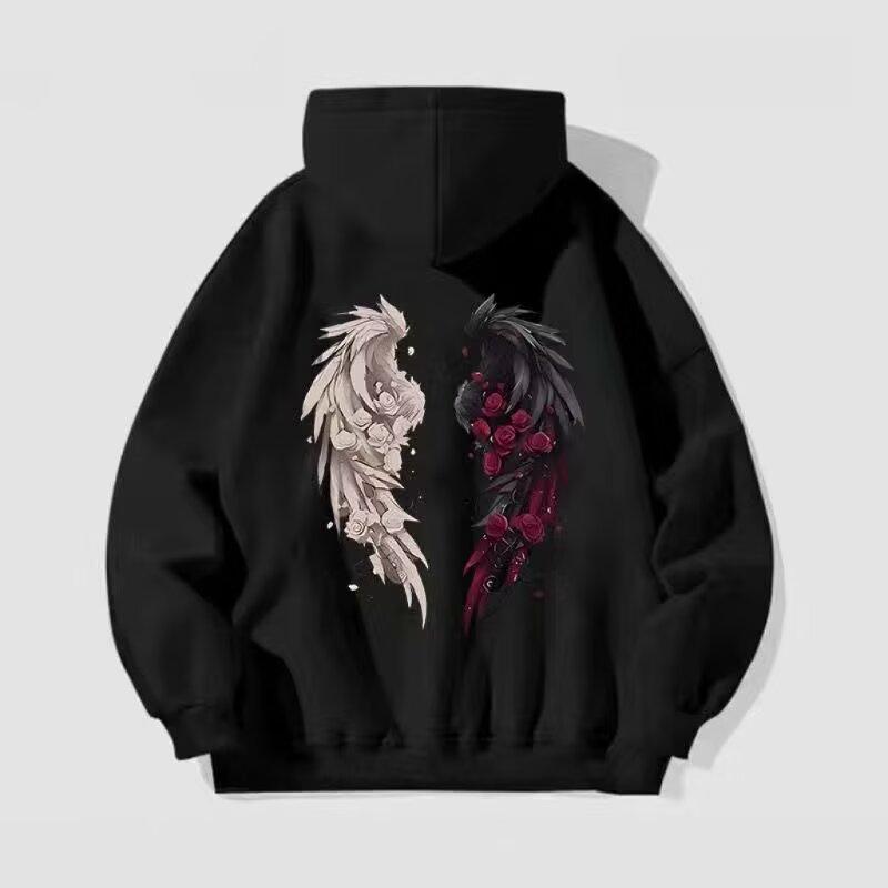 Velvet Hooded Sweatshirt for Men and Women In Autumn and Winter, Loose Wing, Rose Print, College Style Top