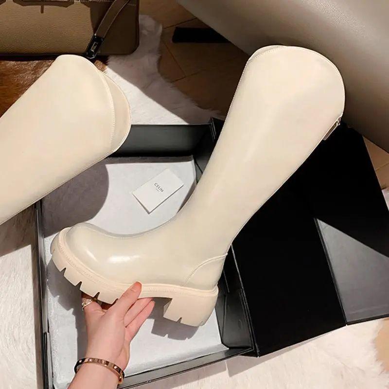 Thick-legged long boots, women's v-mouth thick-soled fat mm big tube-circumferential knight boots are thin, simple and fashionable, thick-sole