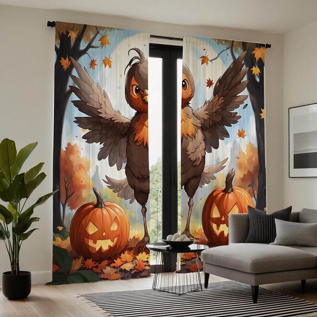 Set Of 2 Hd Halloween Pumpkin Rooster Maple Leaf Decorative Curtain Brown Tie Digital Printed Home Decoration Style Curtains Made Polyester