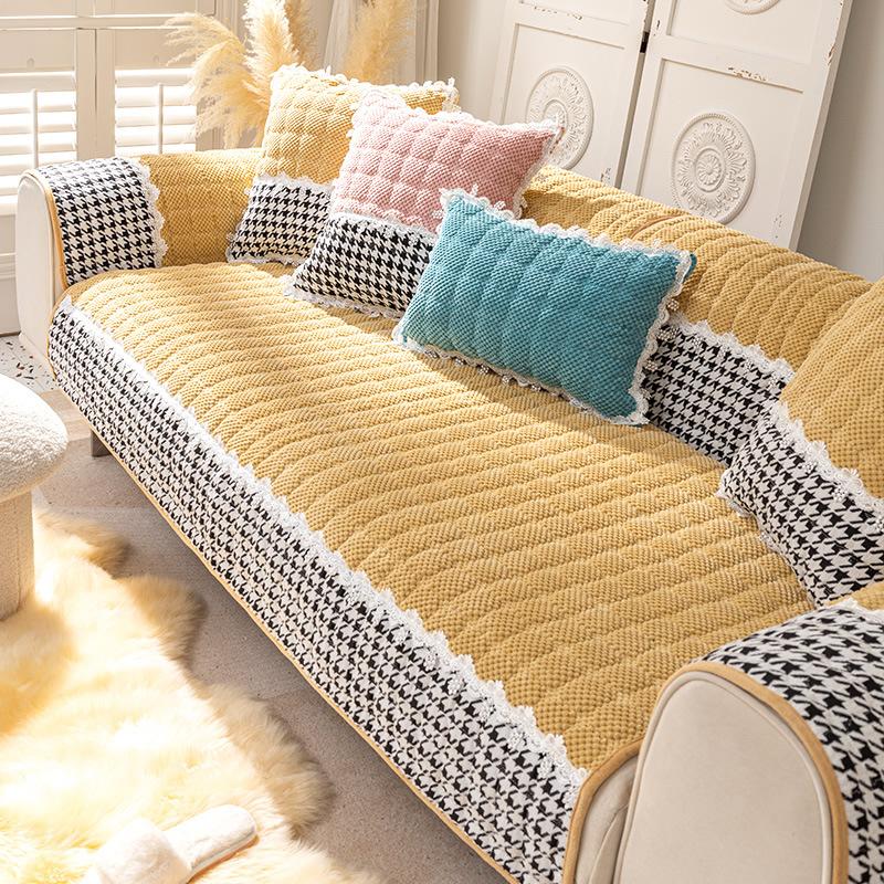 Sofa Cushion Plush Luxury Wind Four Seasons General Simple Modern Non-slip Houndstooth Mat Autumn and Winter Cushion Cover.