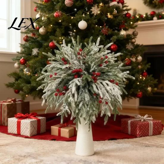 Artificial Flower Arrangements for Indoor 20Pcs Christmas Norfolk Pine Picks, Flocked Snow Branches with Tree Ornaments Atmosphere Red Berries,