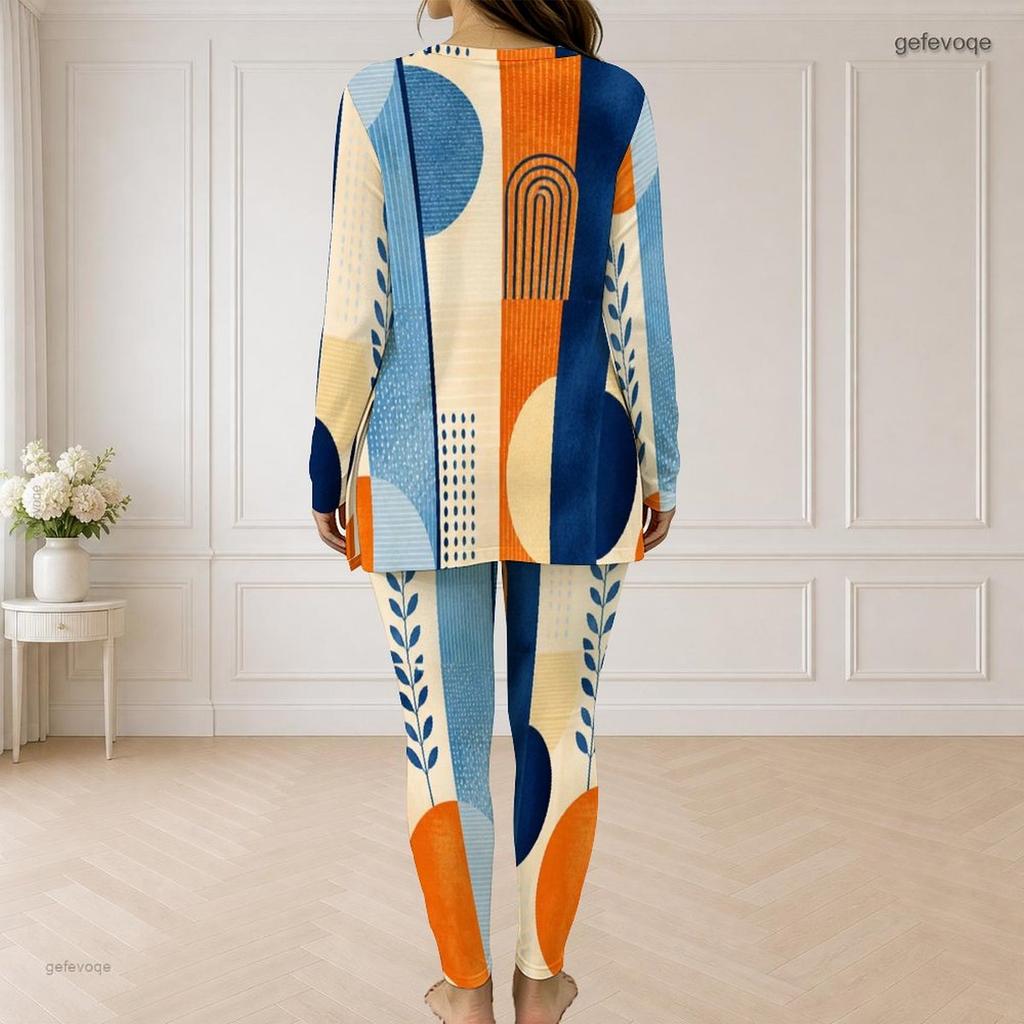 Women Plus Size Printed Two Piece Pants Set Half Zip Long Sleeve Longline Top And Fitted Pants