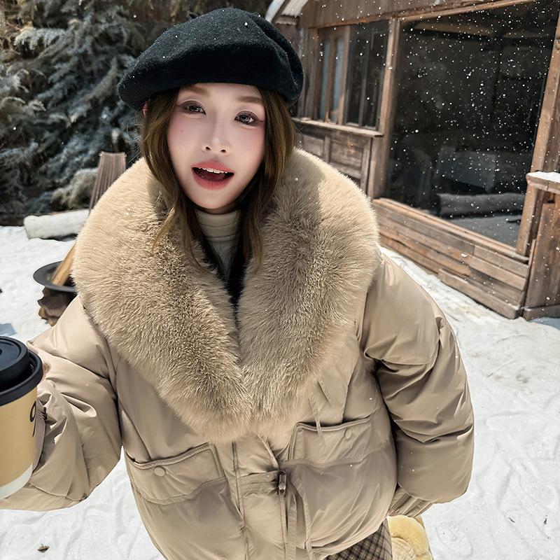 Winter Solid Color Hooded Big Fur Collar Loose Casual Windproof Thickening Warm Short Women's Jacket 5 Colors