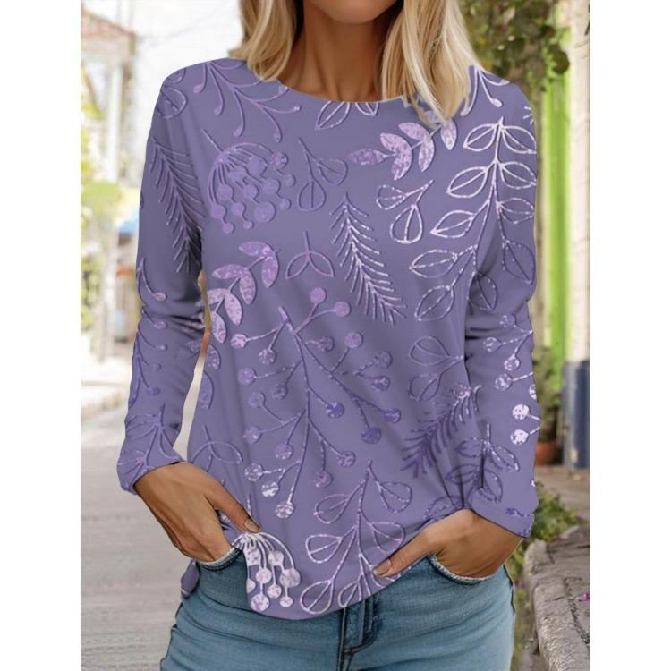 Women Floral 3d Holiday Printed Long Round Neck Top Sleeve Shirt Weekend T Fashion S