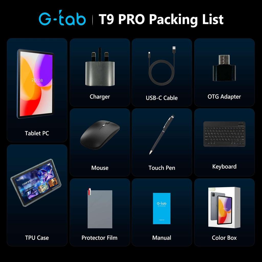G-tab T9 PRO 10.1" Android Multi-functional tablet,5500mAh battery,4GB RAM+128GB storage,1.8GHz Quad-core Processor,high-speed 2.4G/5G Dual-band WiFi.
