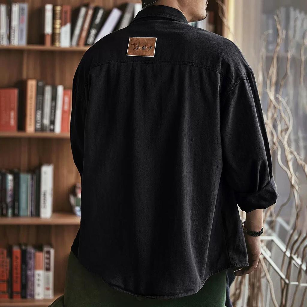 Men's tooling shirt jacket, spring and autumn style, plus size trendy brand casual top, solid color cardigan lapel jacket, men's oversized size
