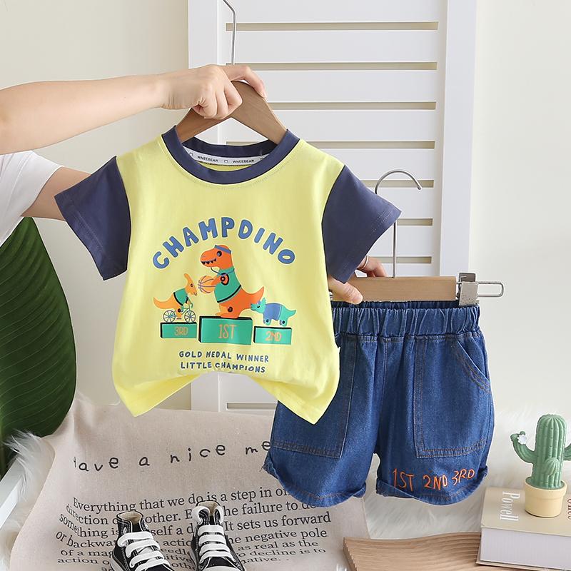 Boys' Set Children's short sleeved round neck top+casual denim shorts two-piece set, cute cartoon clothes for baby boys