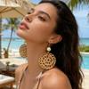 Retro Beach Vacation Style Bohemian Grass and Rattan Braided Feminine Long Island Wooden Ear Hook Earrings