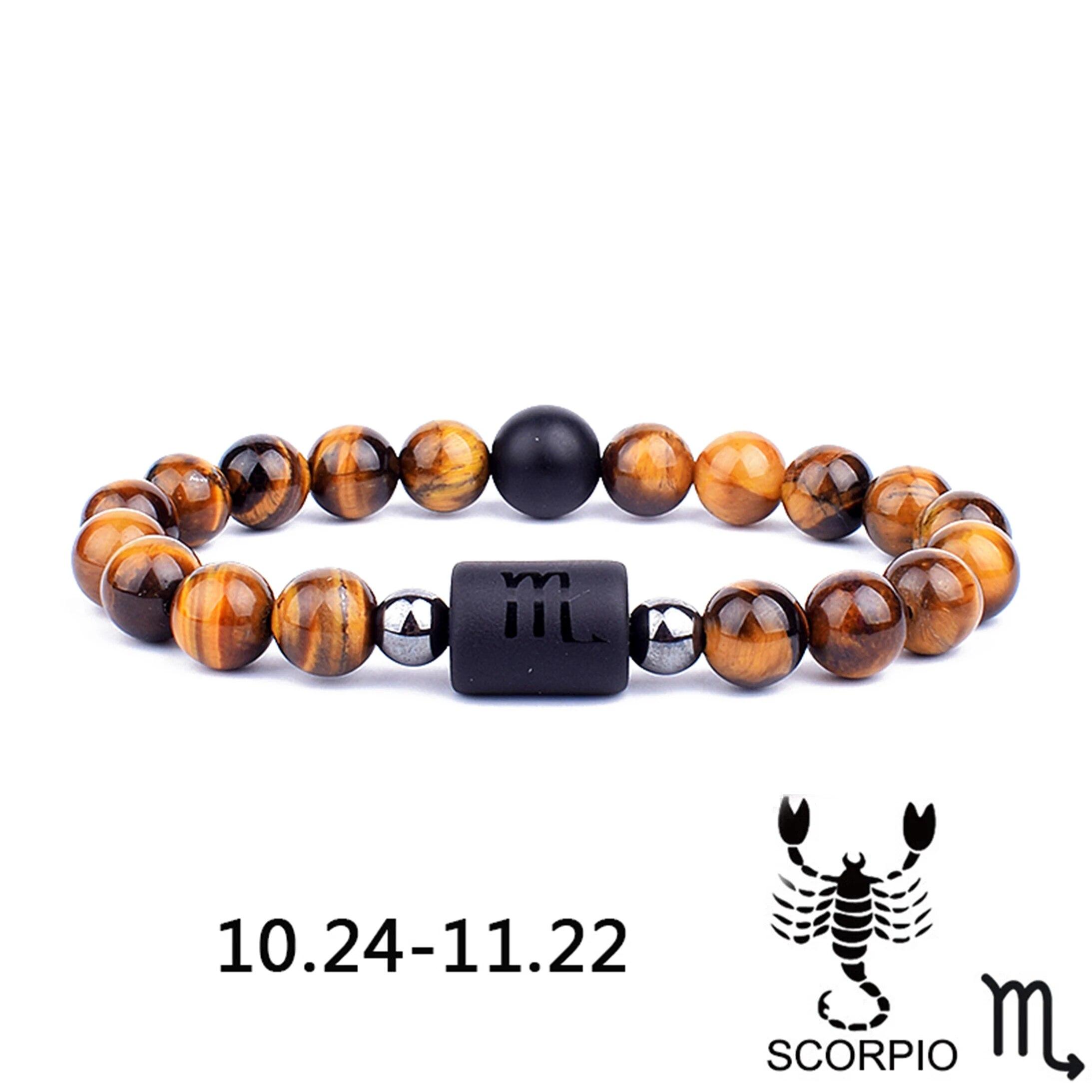 

12 Знаков Зодиака Созвездие Браслет Мужчины Женщины Мода Тигровый Глаз Камень Браслеты Из Бисера Дева Лев Весы Пара Ювелирных Изделий 8MM Beads&19cm-7.48inch
