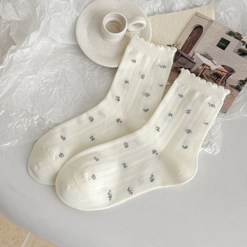 Floral White Socks - Breathable Mid-calf Socks Suitable for Spring and Autumn, Cute Frilly Socks with Multiple Layers, Summer Lightweight Long Socks