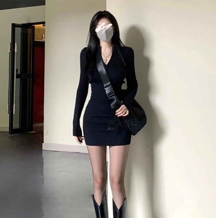 Women's Black Slim-Fit Dress with Coat - 2026 Autumn/Winter High-End Cinched Waist Little Black Dress