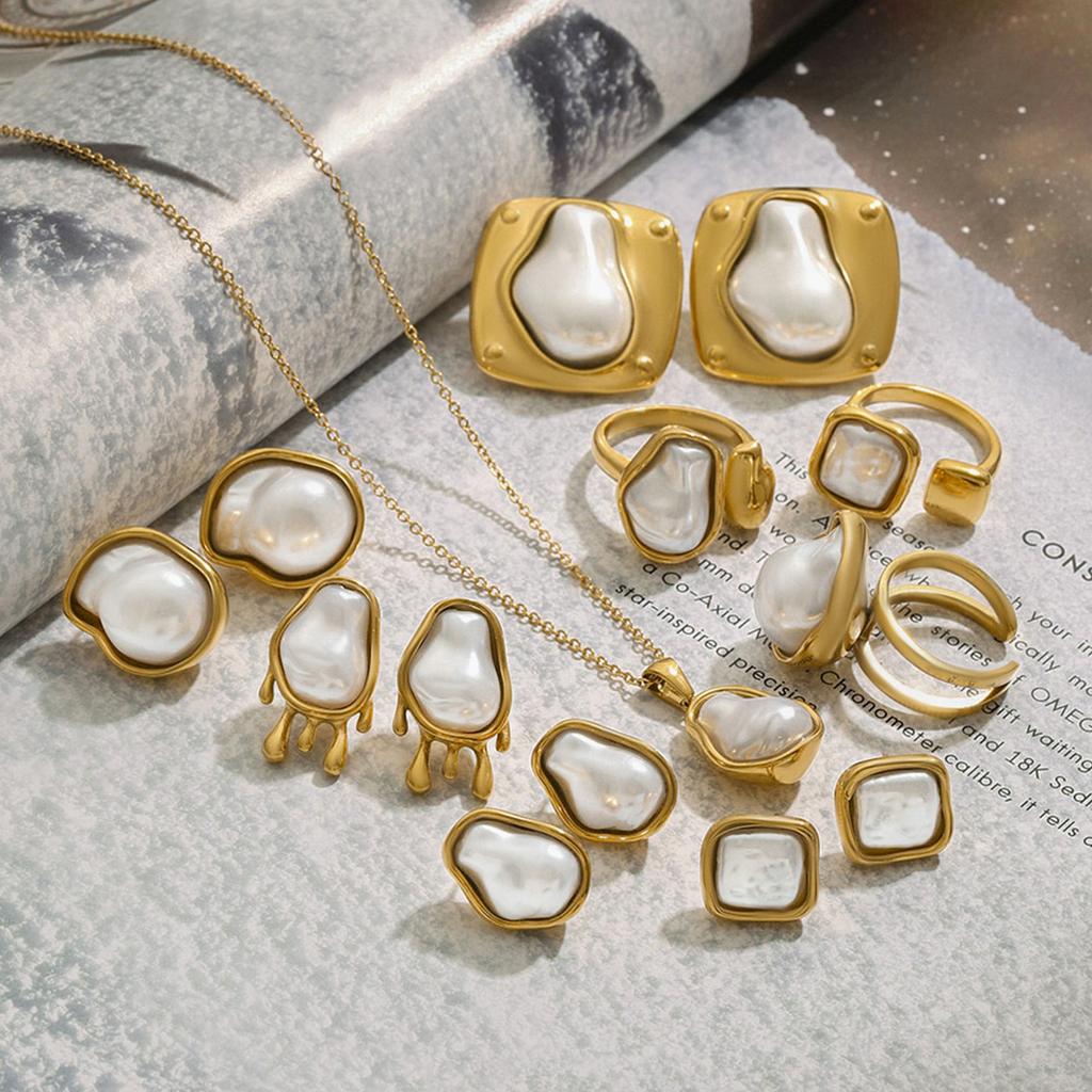 Youthway Elegant Minimalist Stainless Steel Irregular Baroque Imitation Zircon Earrings Necklace Rings Set Women Zircon Gift