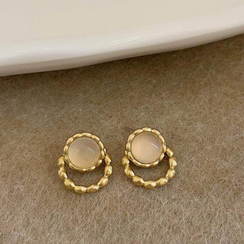 Light Luxury Round Opal Double-Layer Stud Earrings Women'S French Retro Elegant Fashion Unique Personality Versatile Earrings