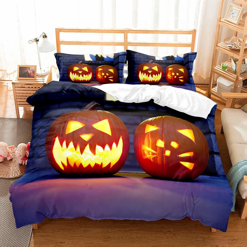 Pumpkin Lantern Duvet Cover Set Polyester Comforter Cover King Queen Full Twin Size Bedding Set With Pillowcase Halloween Gift