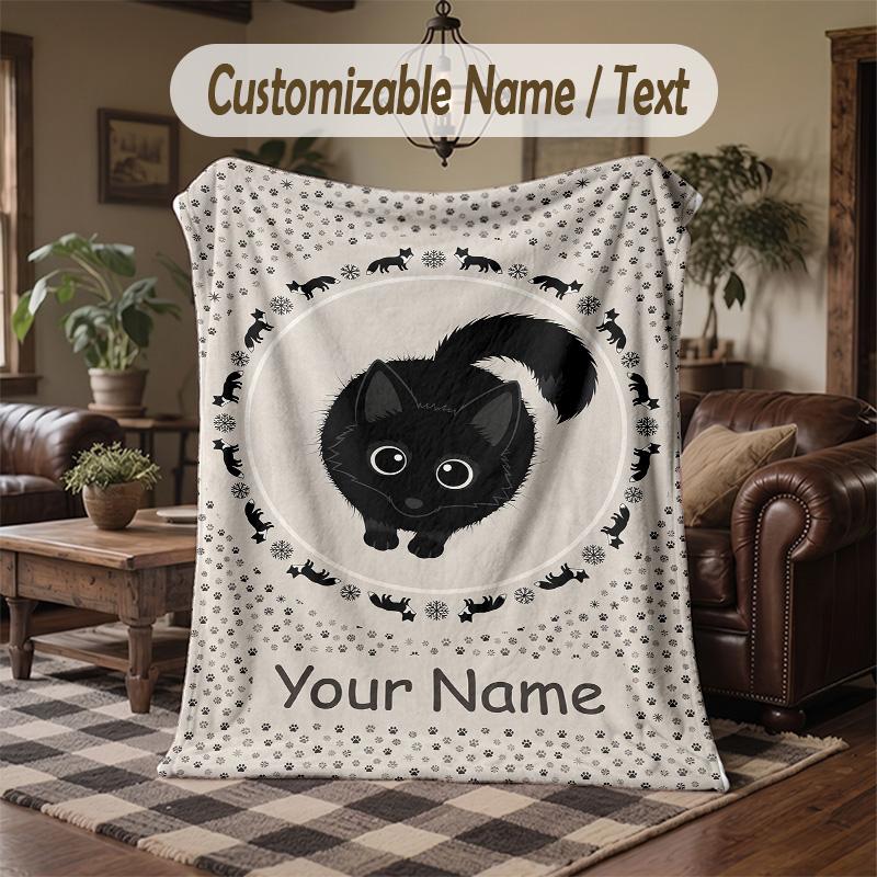 Black Cat Music Poster Theme Throw Blanket Custom Name Text Personalized Blanket Soft Cozy Blanket for Home Sofa Bed