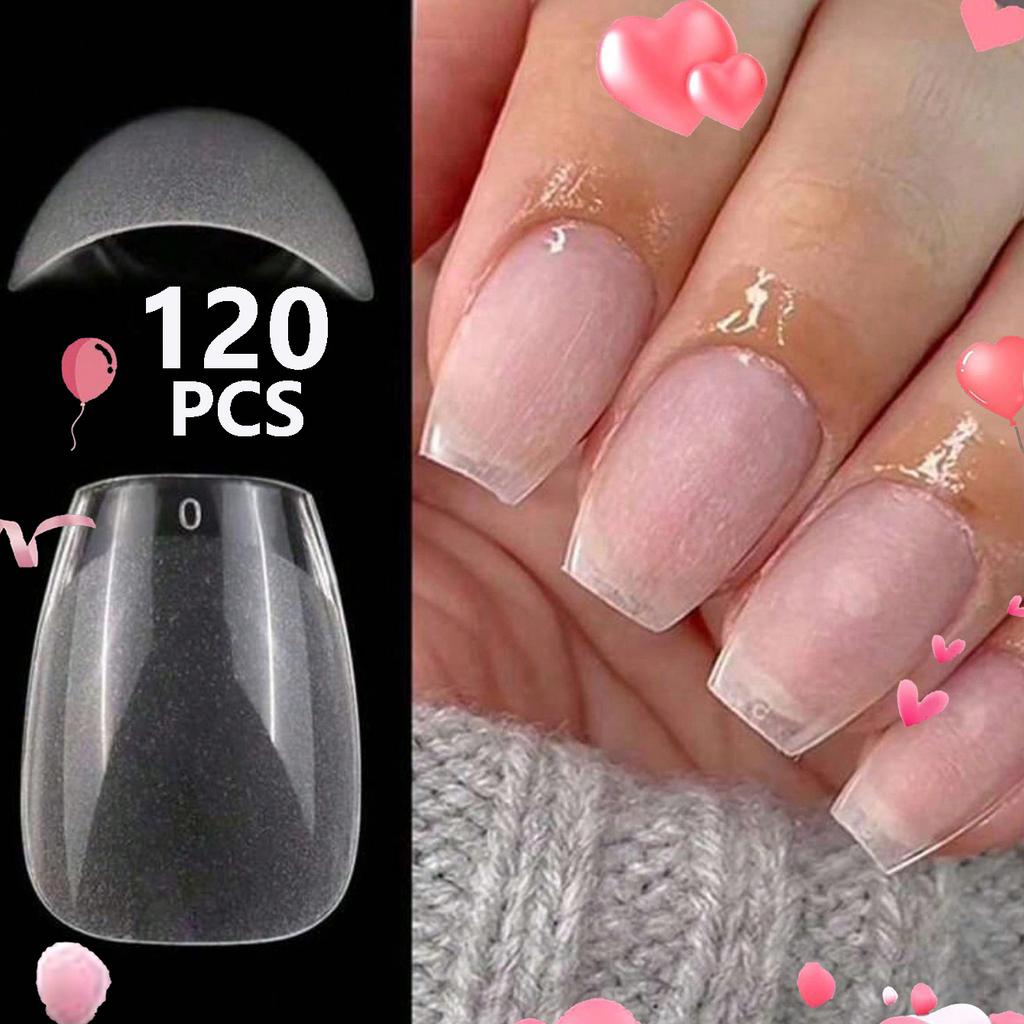 120PCS False Nails Semi-Frosted Clear Coffin Fake Nail Tips Press on Nails Soak Off Full Cover Nail Capsule For Extension