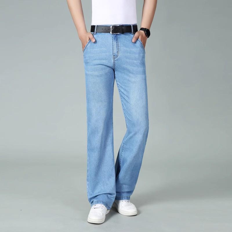 Men's Large Size Mid-Rise Elastic Loose Jeans Men's Casual Straight Light Blue Jeans