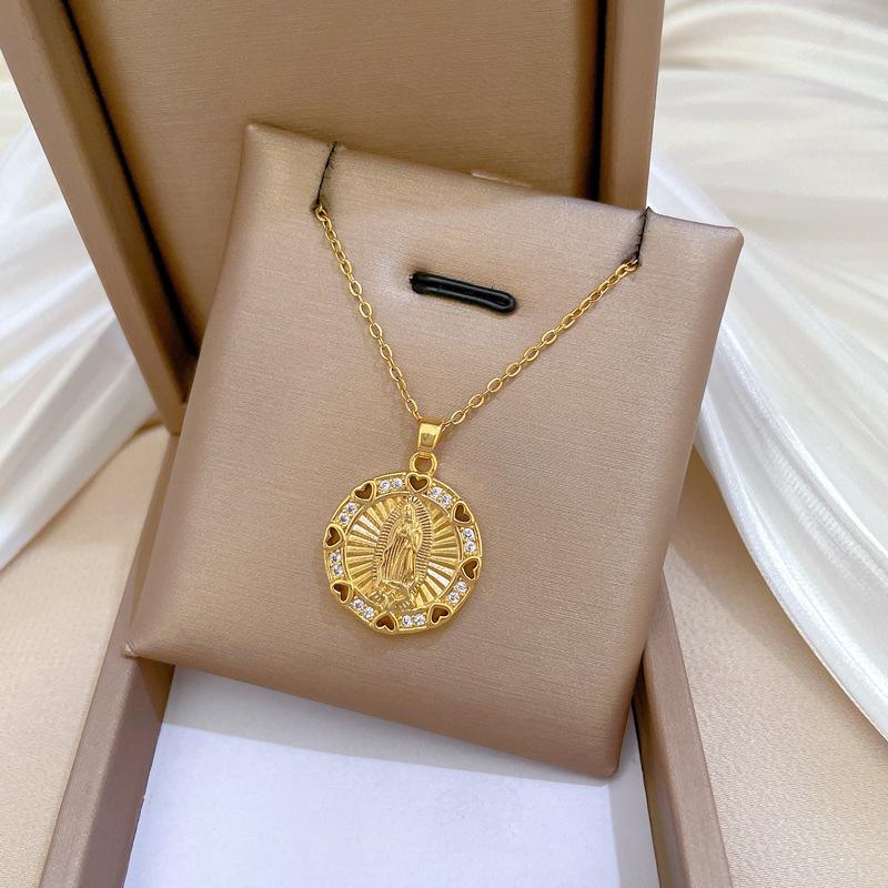 Lyxig ihålig hjärtformad zirkon Jungfru Maria rund hängsmyckehalsband för kvinnor flickor rostfritt stålkedja guld färg smycken presenter