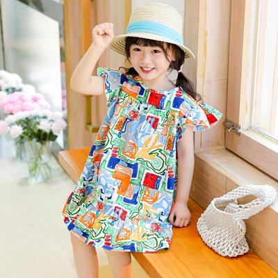 Spring Cartoon Print 100% Cotton A-line Dress for Girls and Toddlers