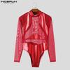 INCERUN Men Long Sleeve Glitter Patchwork Mesh Sheer See Through Leotard Jumpsuits