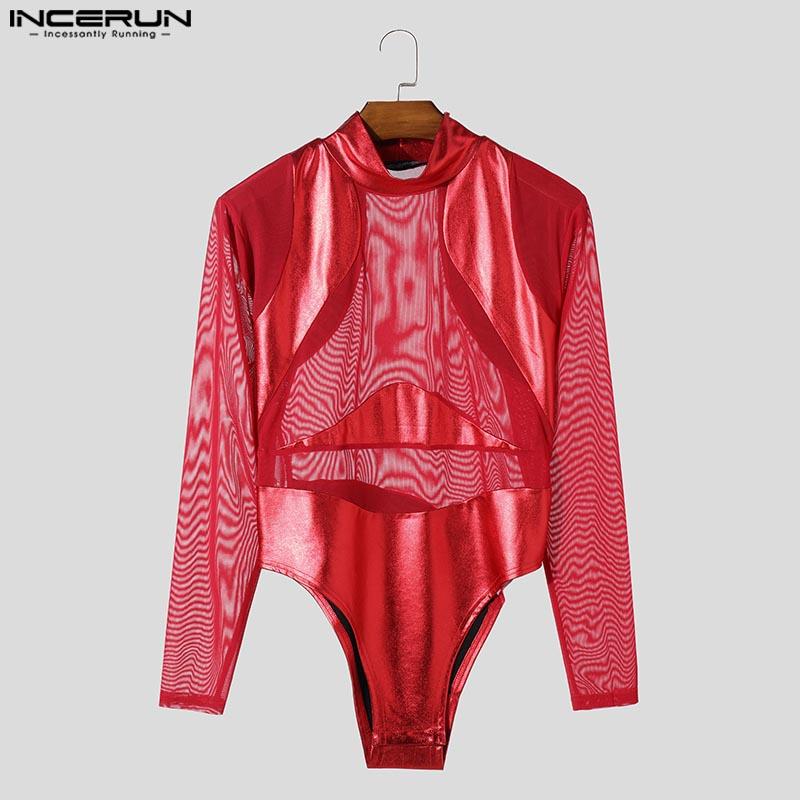 INCERUN Men Long Sleeve Glitter Patchwork Mesh Sheer See Through Leotard Jumpsuits