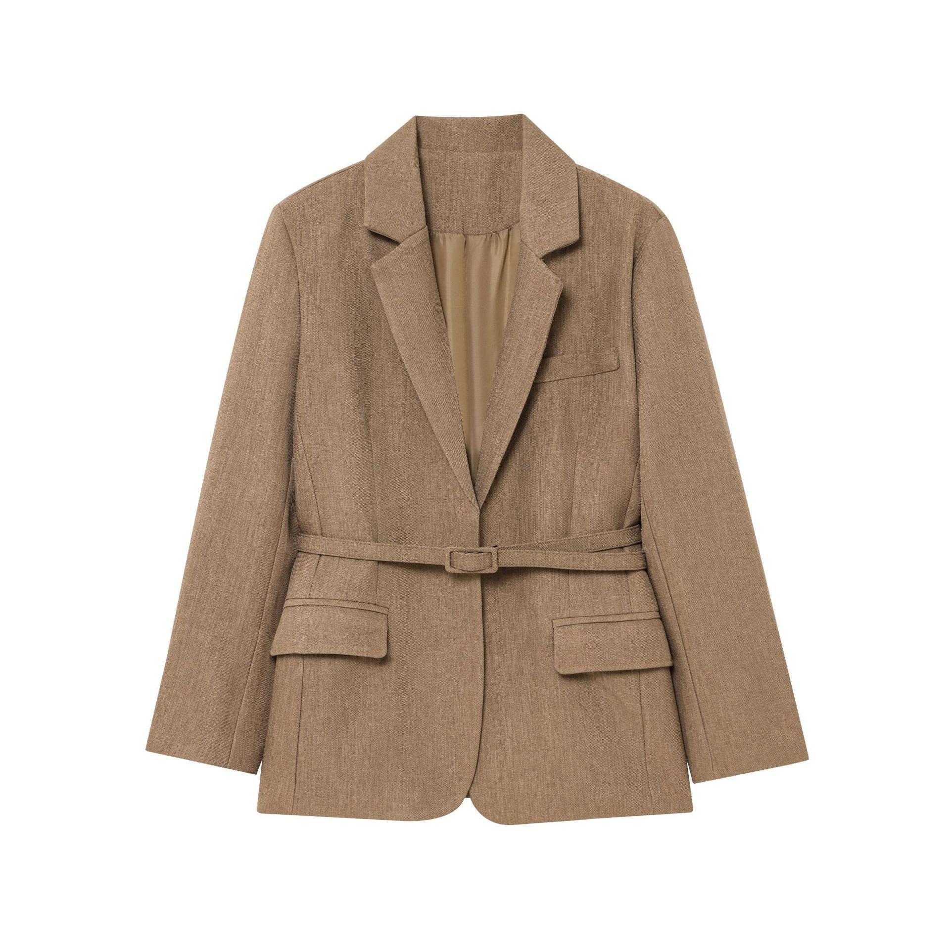 

Весна 2025 Женский шерстяной пиджак костюмного типа в европейском и американском стиле с поясом - Модный и универсальный L коричневый