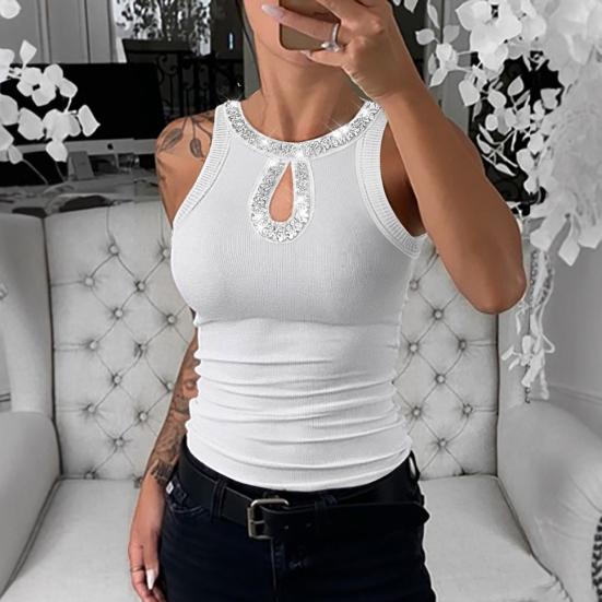 Women Vest Round Neck Sleeveless Shiny Sequin Decoration Tank Tops Hollow Design Slim Fit Camisole Daily Wear