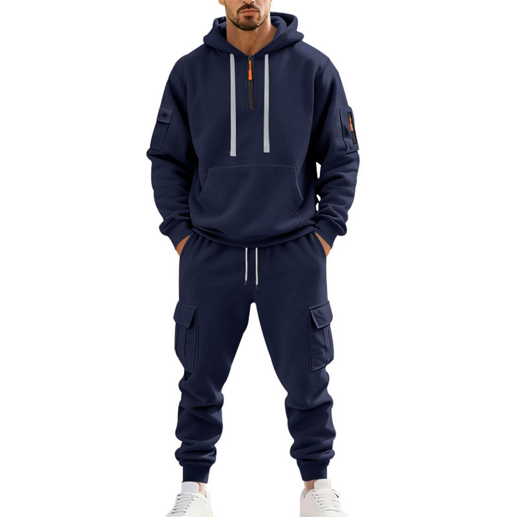 Men's Winter Fleece Multi-pocket Zipper Sweatshirt Suit Personalized Casual Hoodie Suit