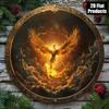 Phoenix Metal Wall Art Round Aluminum Plaque Golden Wings Sunset Sky Home Decor
