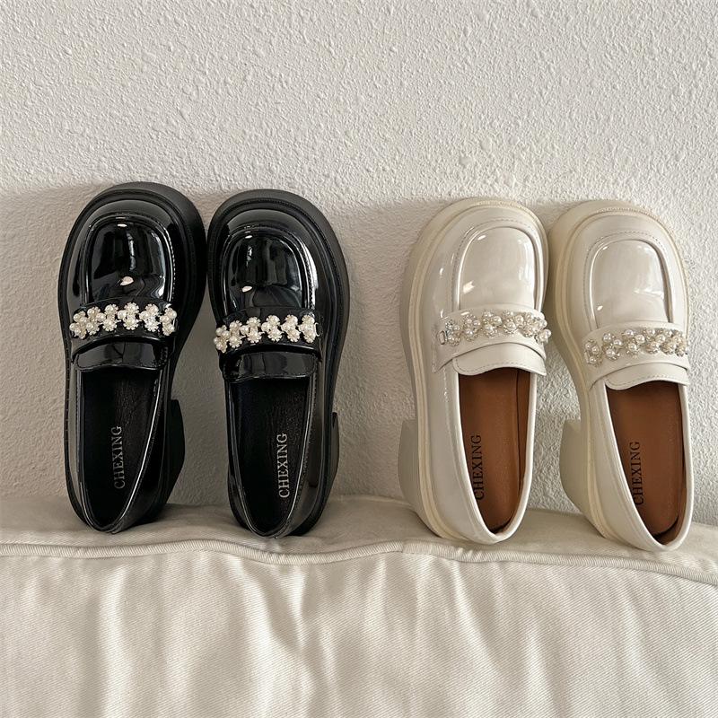 White British style thick heel platform small leather shoes women's new autumn skirt pearl Mary Jane single shoes