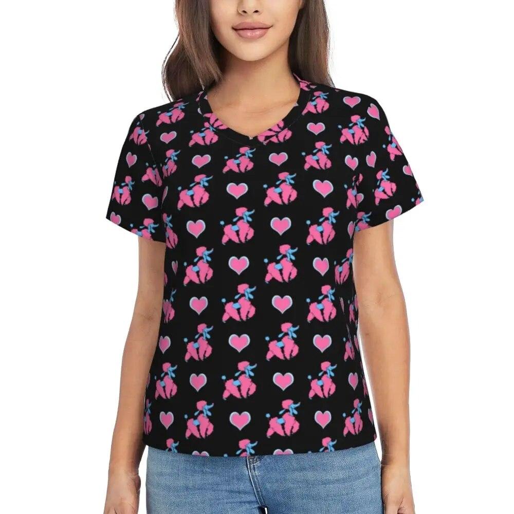 Cute Poodle Print T-Shirts Life Is Better V Neck Fashion Oversized T-Shirt Short Sleeve Woman Aesthetic Tshirt Design Top Tees