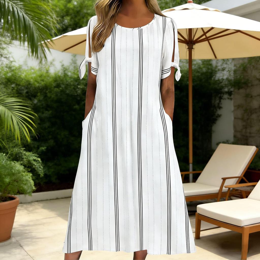 Women Summer Casual Round Neck Striped Dress Short Sleeve Loose Fit Midi Dress with Side Tie Sleeves and Pockets