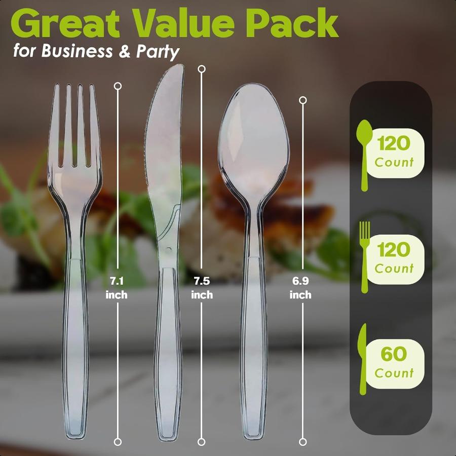 

300 Count Clear Plastic Silverware Set 120 Plastic Forks 120 Spoons 60 Knives Heavy Duty BPAFree Heat Resistant Disposable Cutl United States