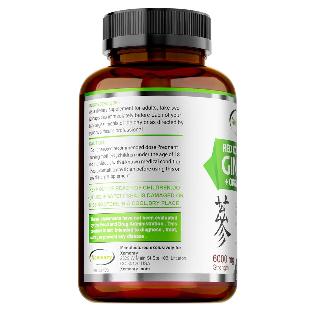 XEMENRY Bio-Roten Ginseng, mit Ginkgo-Biloba-Extrakt, 6000 mg pro Portion, 120 Kapseln pro Packung, für Erwachsene geeignet.