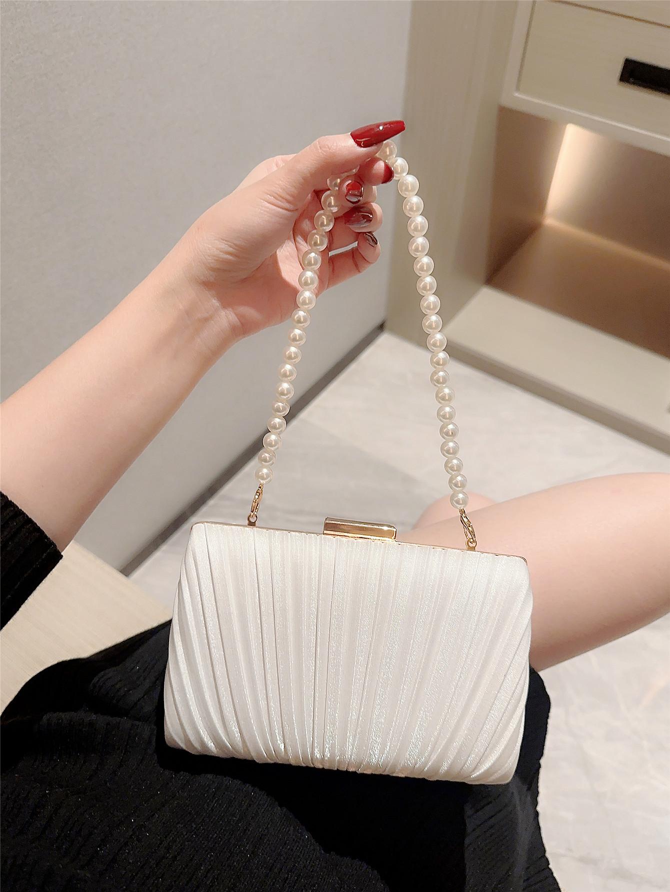 Ladies Luxury Bags Csw003 Women's Casual Pleated Design Satin Box Dinner Bag Faux Pearl Handbag Romantic Wedding Bag Bridal Bag Banquet Bag Evening Bag Prom Bag Chain Bag