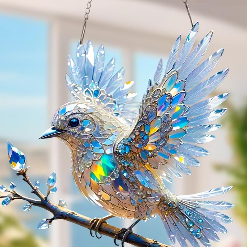 Colorful Acrylic Bird Pendant Crystal Like 2D Flat Hanging Ornament for Car Rear Mirror Charm and Window Decoration