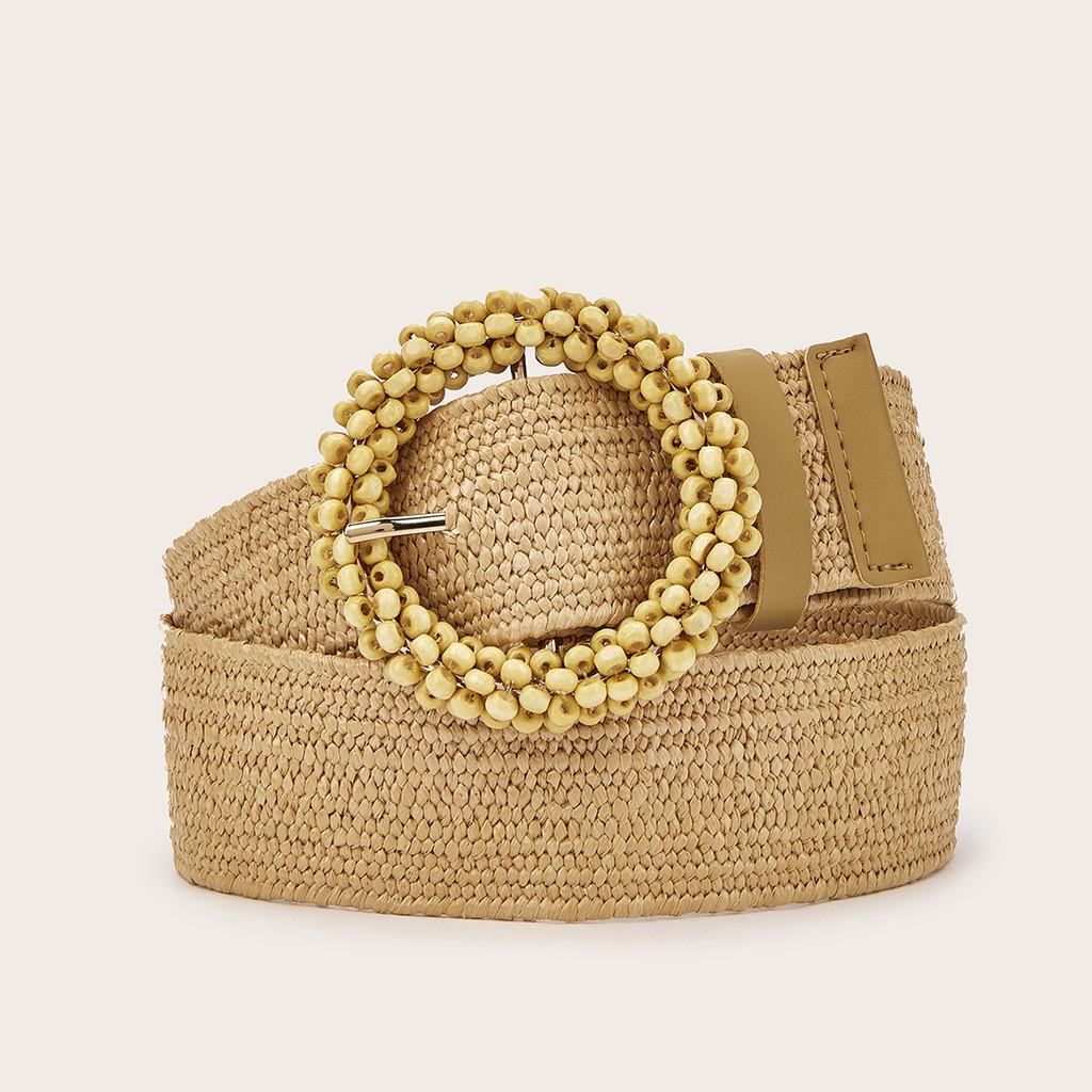 

Simple Solid Color Bead Ring Buckle Decoration Women Woven Belt For Casual Ethnic Dresses хаки