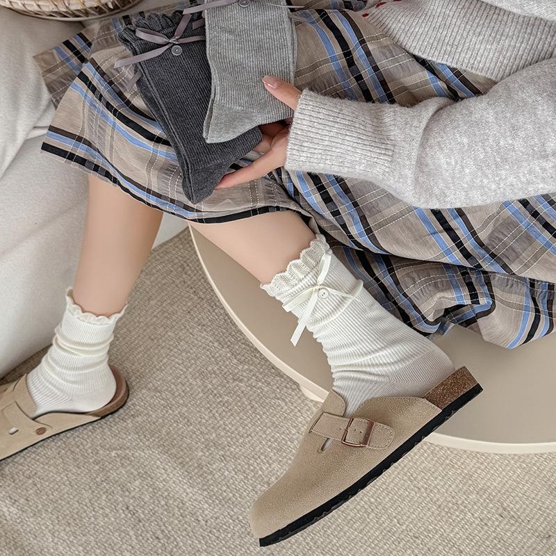 Female Spring and Autumn Sweet Ribbon Bow Button Lace Ballet Wind Drum Pile Socks