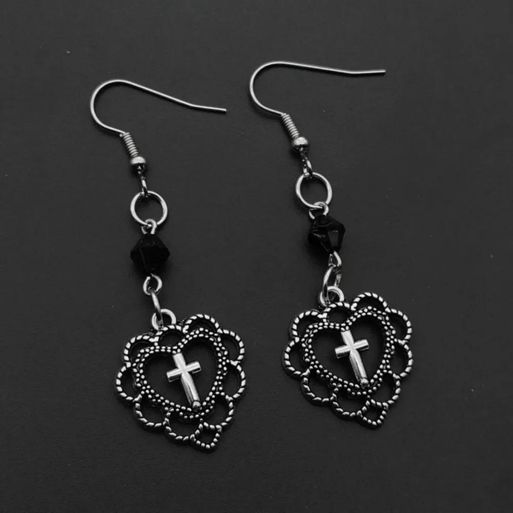 Gothic Punk Sliver Color Hollow Heart-shaped Lacework Cross Pendant Earrings for Women Hallowmas Party Jewelry Accessories Gifts