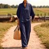 Women's Solid Color Half Placket Stand Collar Half Sleeve Shirt Wide Leg Pant Linen Two Piece Pant Suit