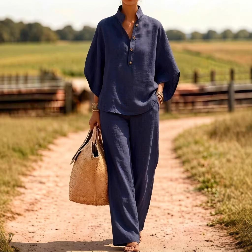 Women's Solid Color Half Placket Stand Collar Half Sleeve Shirt Wide Leg Pant Linen Two Piece Pant Suit