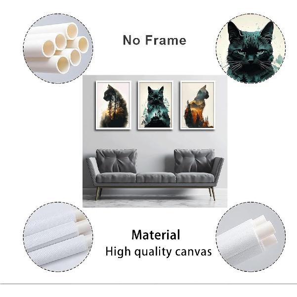 Funny Animals Canvas Wall Art Cute Black Cat and Forest Theme Pictures Wall Decor Abstract Sunset Mounta Nature Landscape Poster Painting Prints