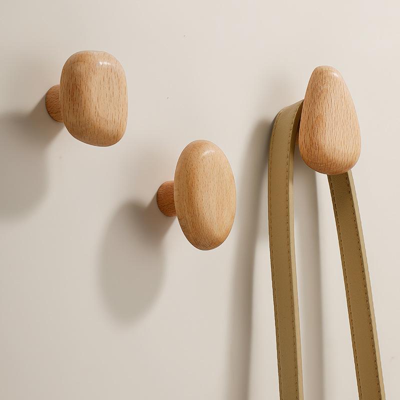 Solid Wood Coat Hook Wall Mounted Clothes Hanger with Handle - Punch Free Door Hanger Pebble Shape for Kitchen Cabinet Organizer