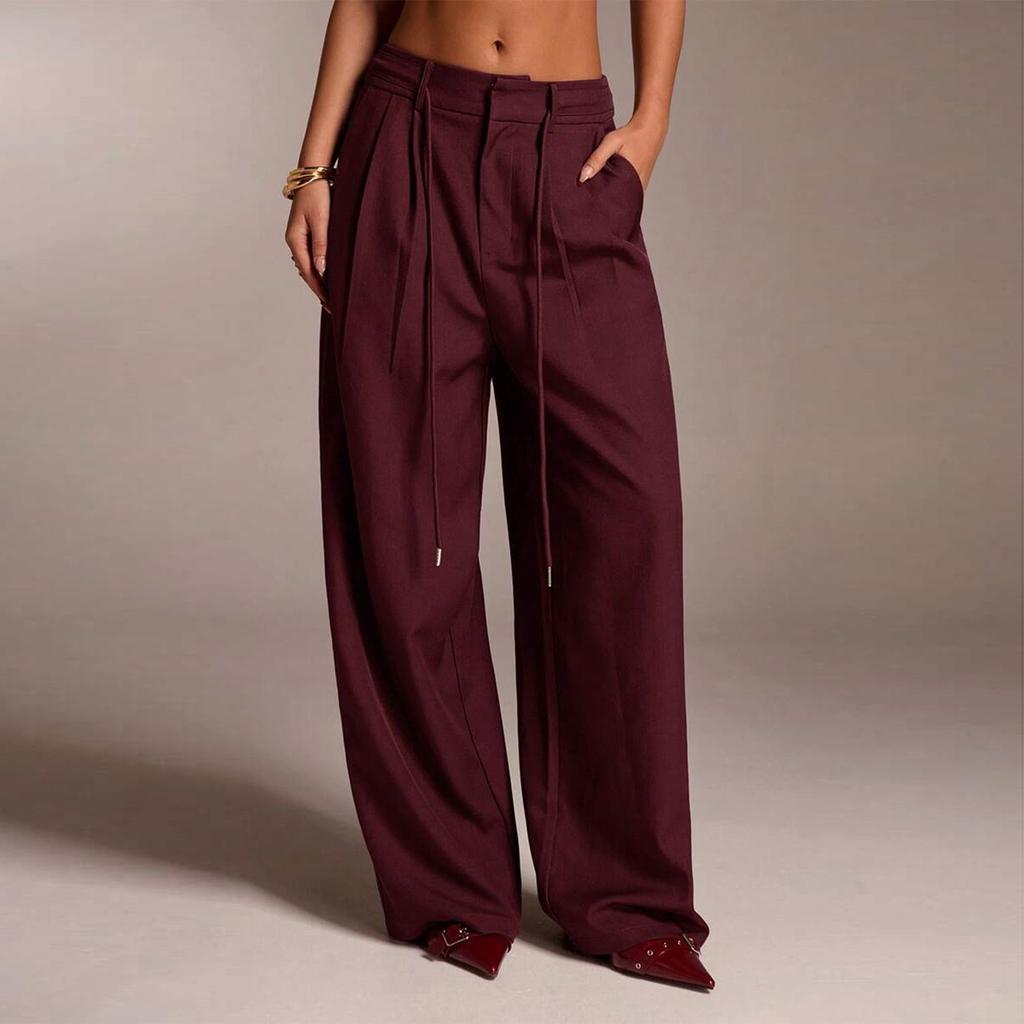 Women's Ffashionable Color Pocket Tie Loose Casual Suit Pants Commuting Straight Leg Casual Pants
